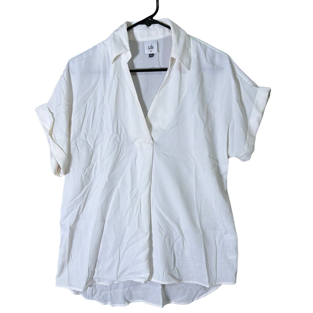 CAbi Womens Blouse Bone White Collared V Neck Short Sleeve Sheer XSmall